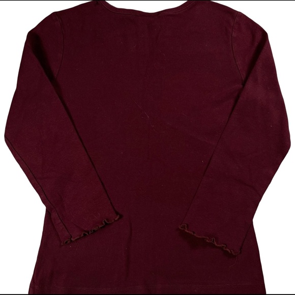 Ellemeno size Small maroon shirt, 3/4 sleeve, ruffle hem, Vneck, Y2K vintage EUC - Picture 5 of 9